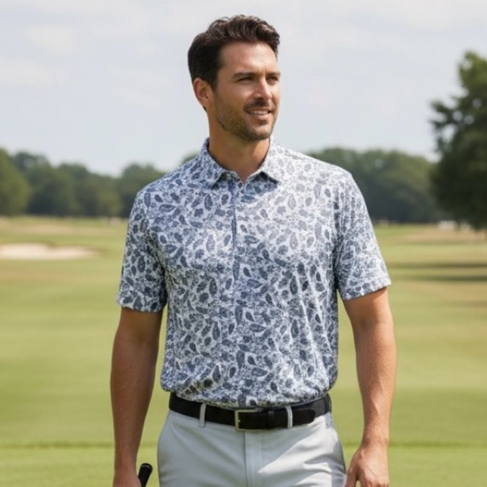 Trusmol Men’s Blue and White Paisley Golf Polo, Size M